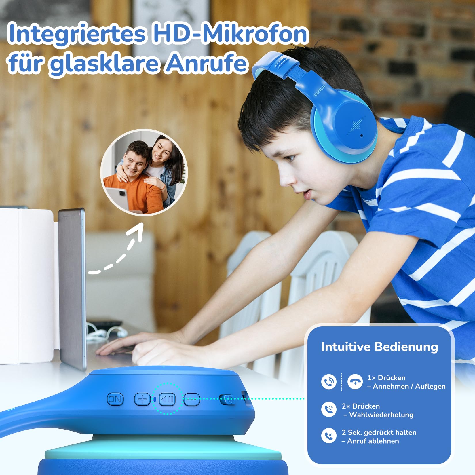 EarFun Bluetooth Kinder Kopfhörer, Noise Cancelling Kopfhörer Kinder, 74/85/94 dBA Sichere Lautstärke, 120H Akku, HD MIC, Bluetooth 5.4, Weich, Faltbar, Over Ear Kopfhörer für Schule/Reisen/Flugzeug