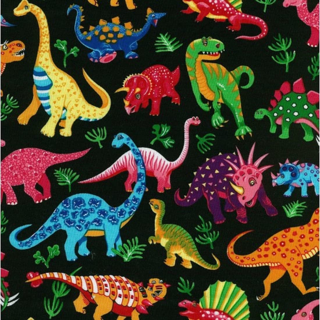 Glamour Secrets Multi Nutex Fabric - Dinosaur Dance On Black - Coloured Dinos - Patchwork Quilting Dressmaking Craft Fabric