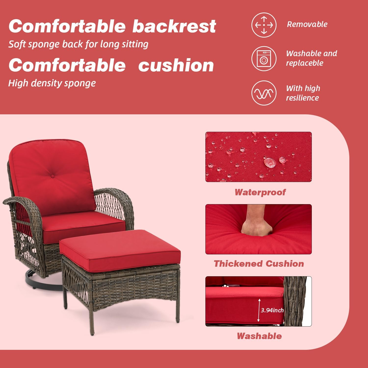 Image showing comfortable backrest and cushion, with details on waterproof, thickened, and washable features