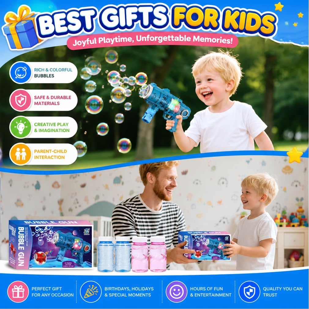 2 Packs Bubble Gun for Kids, 20Hole Automatic Bubble Machine Gun Blaster with LED Light, Leak-Proof Bubble Blower for Toddlers Boys Girls Ages 4-12,Easter Basket Stuffers Party Favor Outdoor Kids Toys