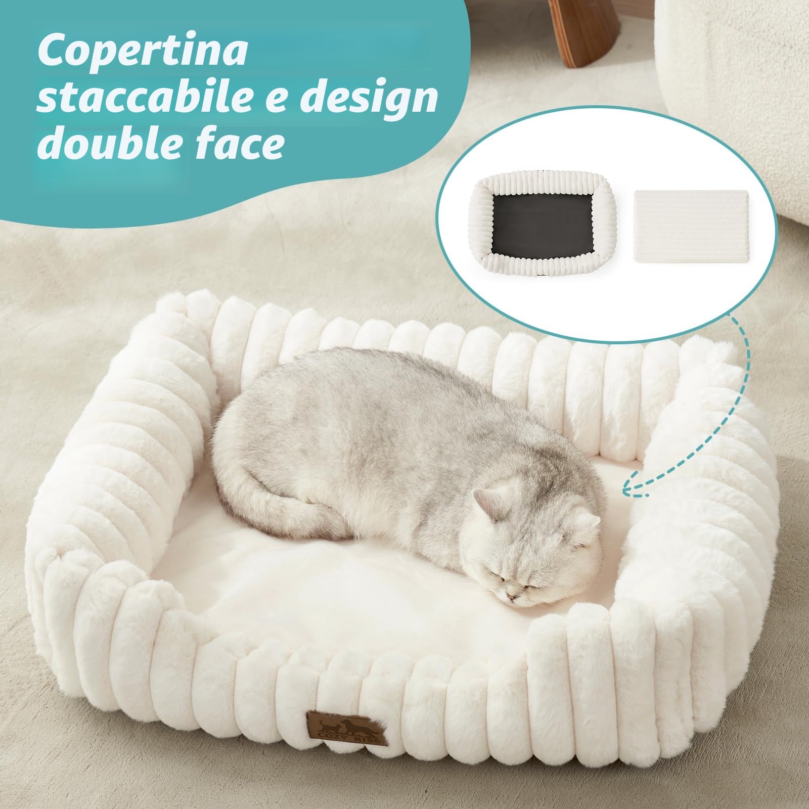 COZY KISS Cuccia Ortopedica Lavabile per Cane, per Cani Piccoli e Medi, Letto Morbido in Pelliccia Sintetica, Divano per Animali con Bordo Alto, Morbido, Antiscivolo, 76x58x18cm, Beige