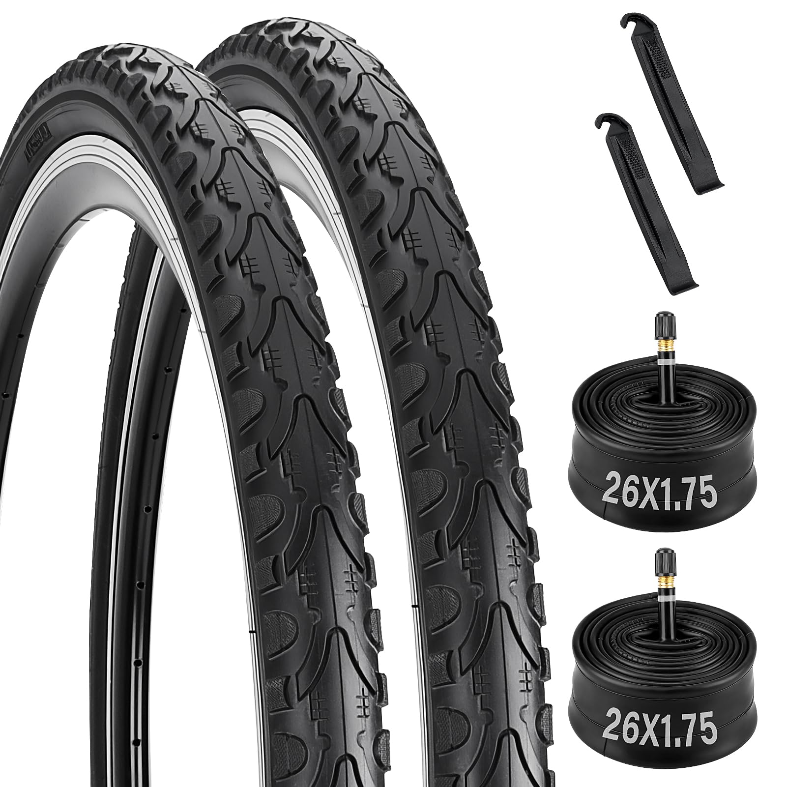 2 Pack 26X1.75 Bicycle Tire, Folding 26X1.75 Bike Tires and Tubes Set with Schrader Valve and 2 Tire Levers, Replacement for Bicycle Tires 26 x 1.75