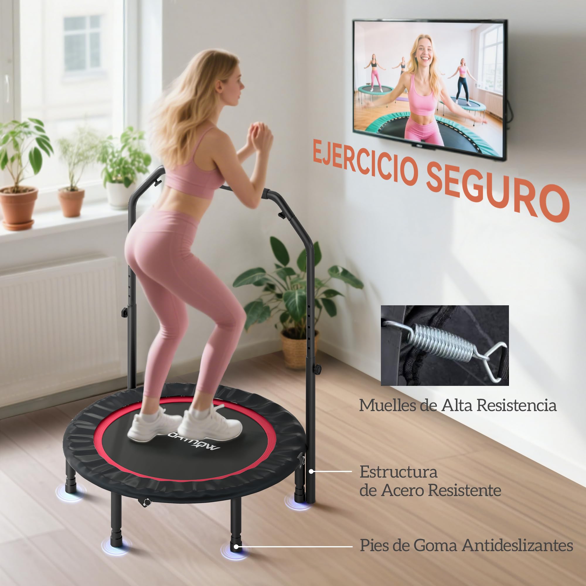SPORTNOW Trampolín de Fitness Adultos Ø102 cm, Cama Elástica Plegable con Mango Ajustable de 4 Niveles y Bandas, para Entrenamiento Piernas Cuerpo en Hogar Oficina Gimnasio Exterior, Carga 150 kg