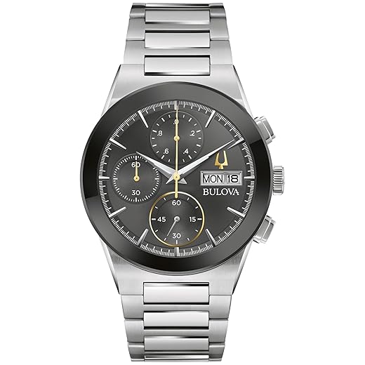 Bulova Relógio masculino moderno Millenia cronógrafo de aço inoxidável prata com 6 ponteiros, dia/data, cristal de borda a borda, mostrador preto, modelo: 96C149, Prata, Pulseira Millennia de quartzo