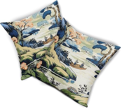 Miniatura 9 de Sweetshow Chinoiserie - Juego de 2 fundas de almohada de 18 x 18 pulgadas, color azul y blanco, fundas de almohada cuadradas de lino y algodón para