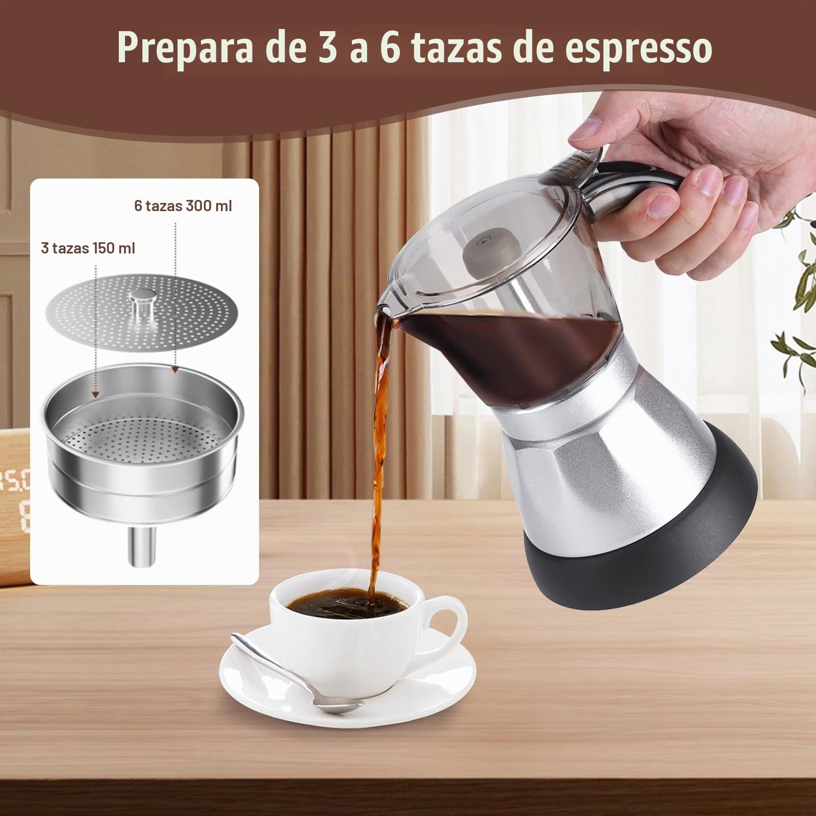 Cafetera Italiana 6 Tazas Espresso, Cafeteras Italianas Electrica Desmontable para el Hogar, Aleaciones y Materiales Plásticos, Fácil de Lavar, Moka Coffee Maker (480 W, 220 V, 300 ml) , Negro