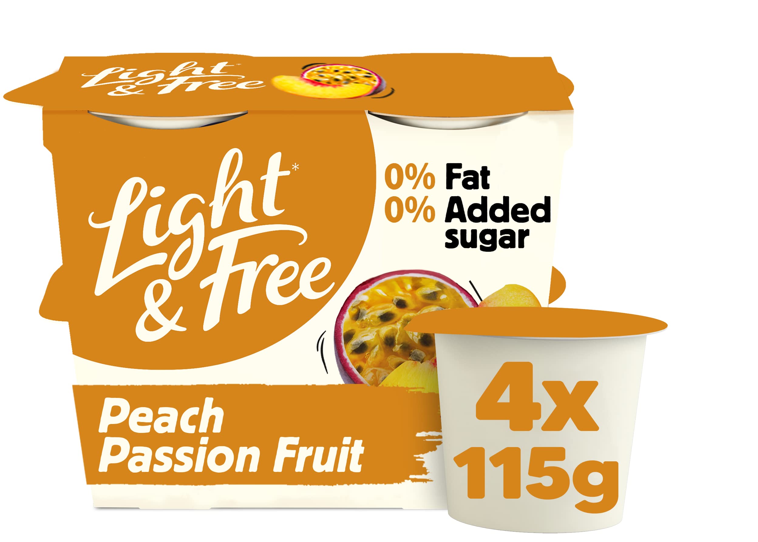 Light & Free Peach & Passion Fruit, 0% Fat and No Added Sugar, Greek Style Yoghurt, 4x115g