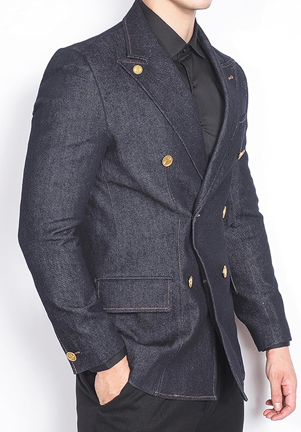 VENNYNG Men‘s Denim-Style Double Breasted Blazer Casual Textured Sport Coat Modern Western & Business Casual Jacket