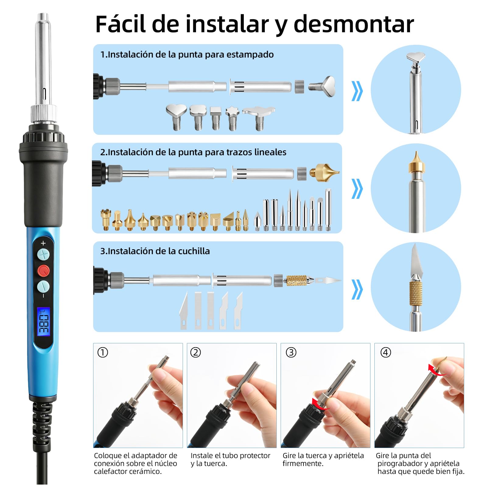 HANDSKIT 52pcs Kit Pirograbador de Madera,pirograbado en madera,Kit Pirograbadores Eléctrico 90W Temperatura Regulable entre 180°C y 480°C,Soldador Pirografo Profesional para Madera,Cuero,Grabado