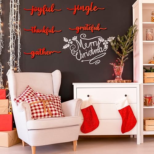 Miniatura 72 de 12 piezas de Navidad con recorte de madera con texto en inglés "Joyful Merry Thankful Grateful Blessed Peace Gather", letrero de Navidad recortado