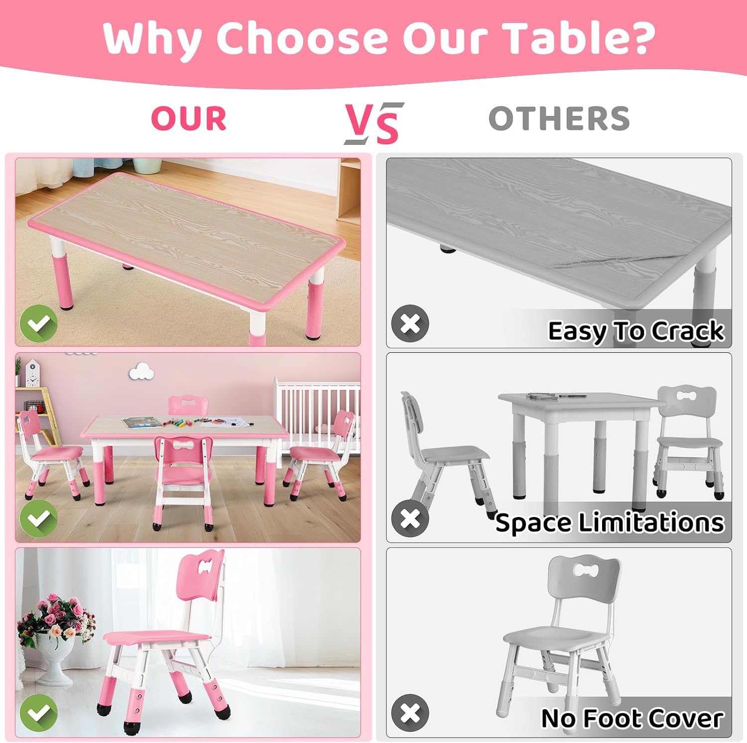 Arlopu Kids Table and 4 Chairs, Height Adjustable Toddler Desk & Chair Set, Anti-Slip Legs, Graffiti Desktop, Children Large Multi-Activity Table with 47.2" x 23.6", Classroom, Homes, Daycares (Pink)