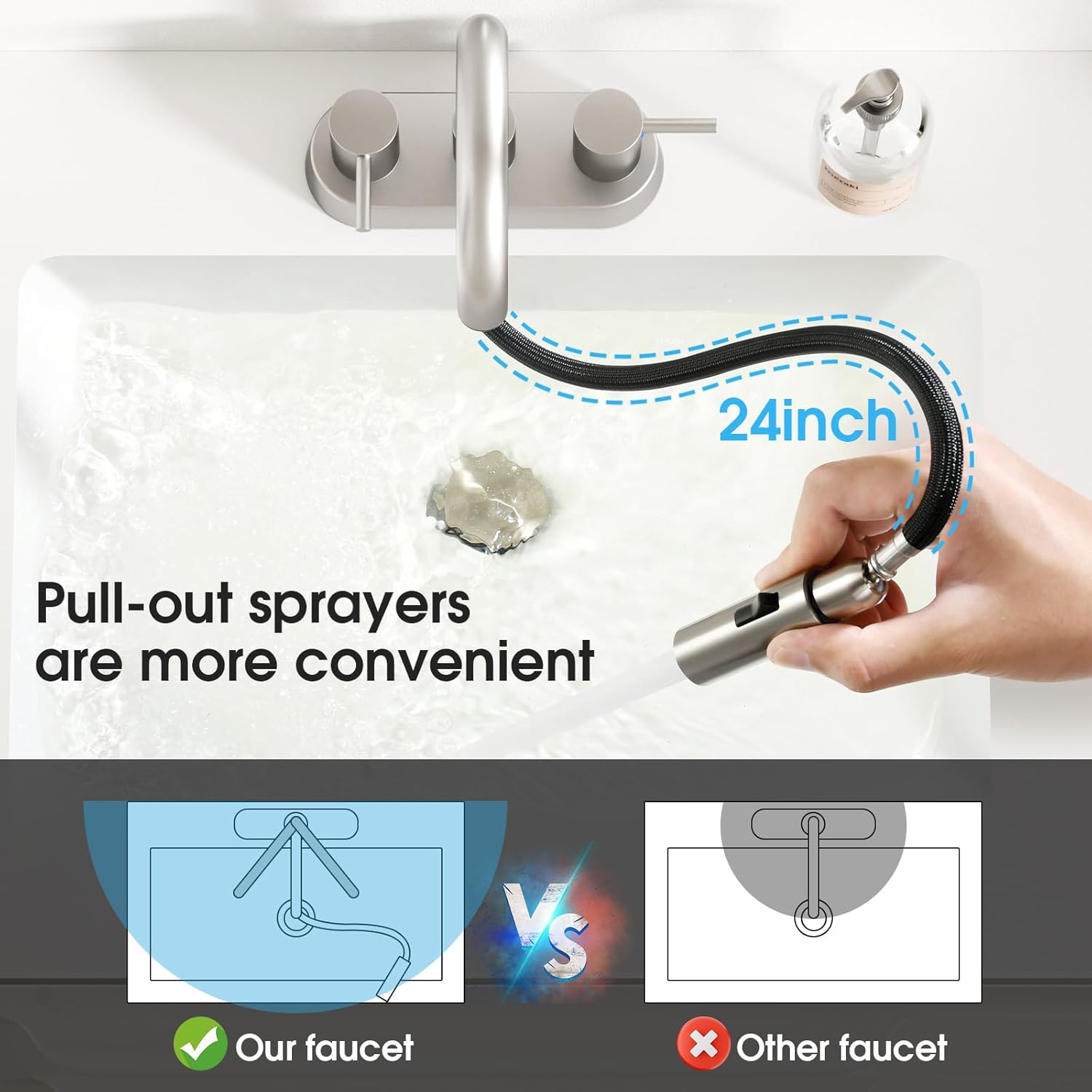 Stainless Steel Brushed Nickel Bathroom Faucet with Pull Out Sprayer, Dual-Function Spout Bathroom Sink Faucets, 4 Inch Two Handle Utility Sink Faucet with Sprayer 3 Hole, Pet Shower, RVs