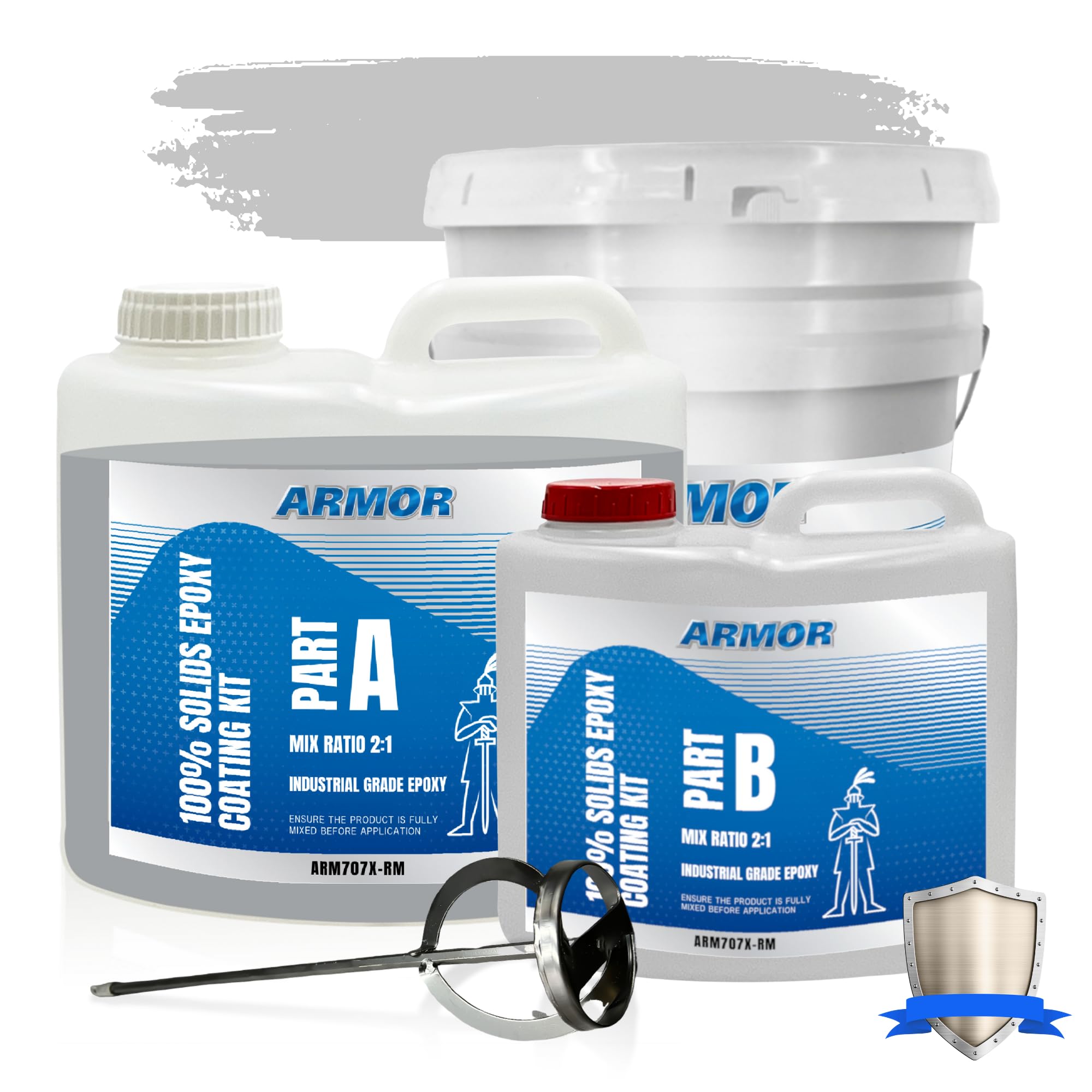 ArmorPoxy 100% Solids Epoxy with Metal Mixer & Bucket, 1.5 Gallons, Medium Gray, Covers 200-300 SQ FT, Ideal for Contractors, Workshops, Auto Shops,