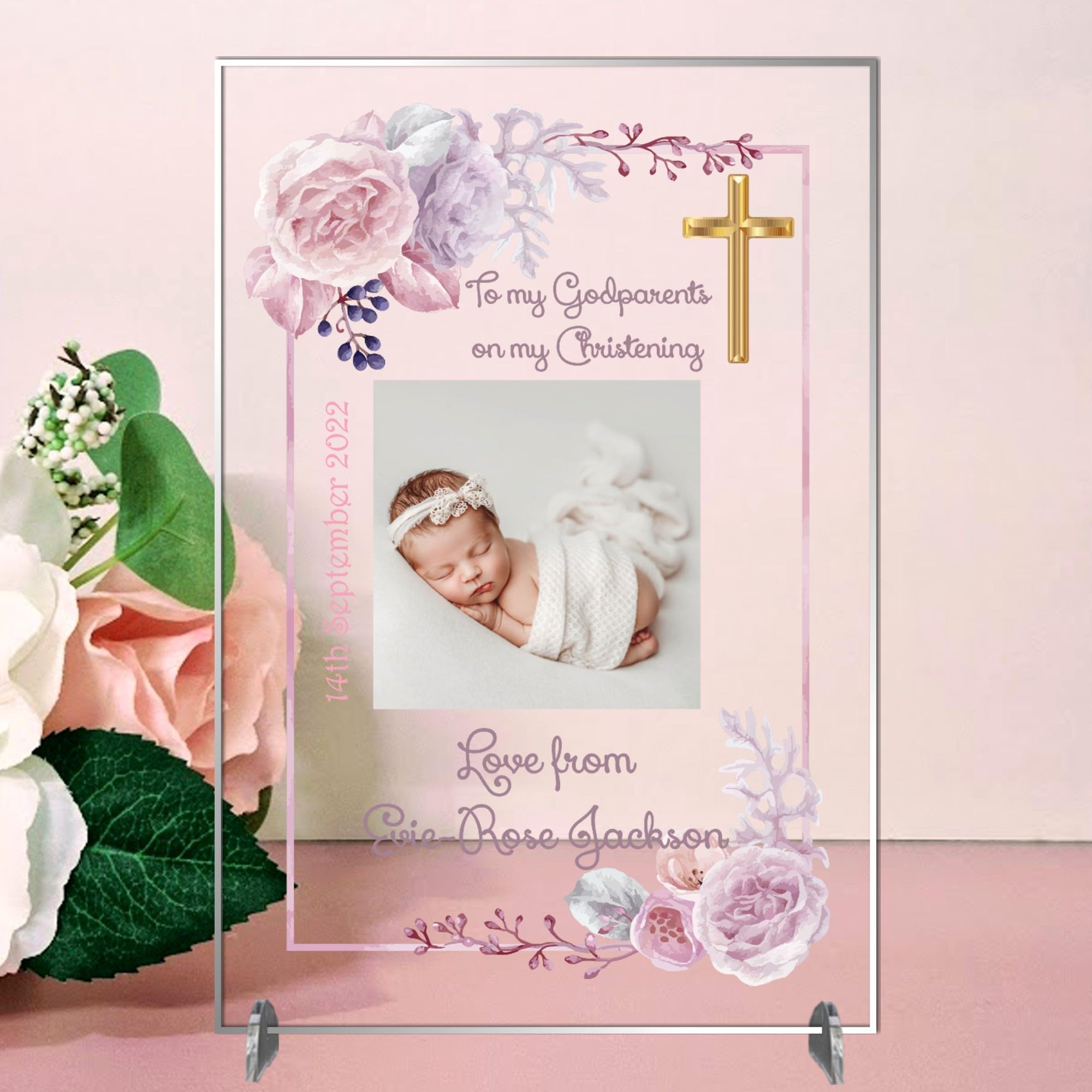 Personalised 'To My Godparents' Christening Photo Plaque | Unique Keepsake Gift | A4 or A5 Size | Customisable with Special Message | (Acrylic 21cm x 15cm, Pink)