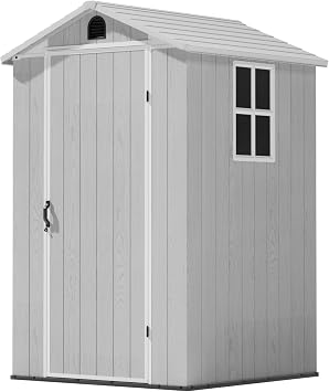 Triumphkey 4x4ft Outdoor Storage Shed with Floor & 2 Windows,Large Plastic Garden Shed with Lockable Door for Backyard, Patio & Lawn,Grey-White,Light Gray