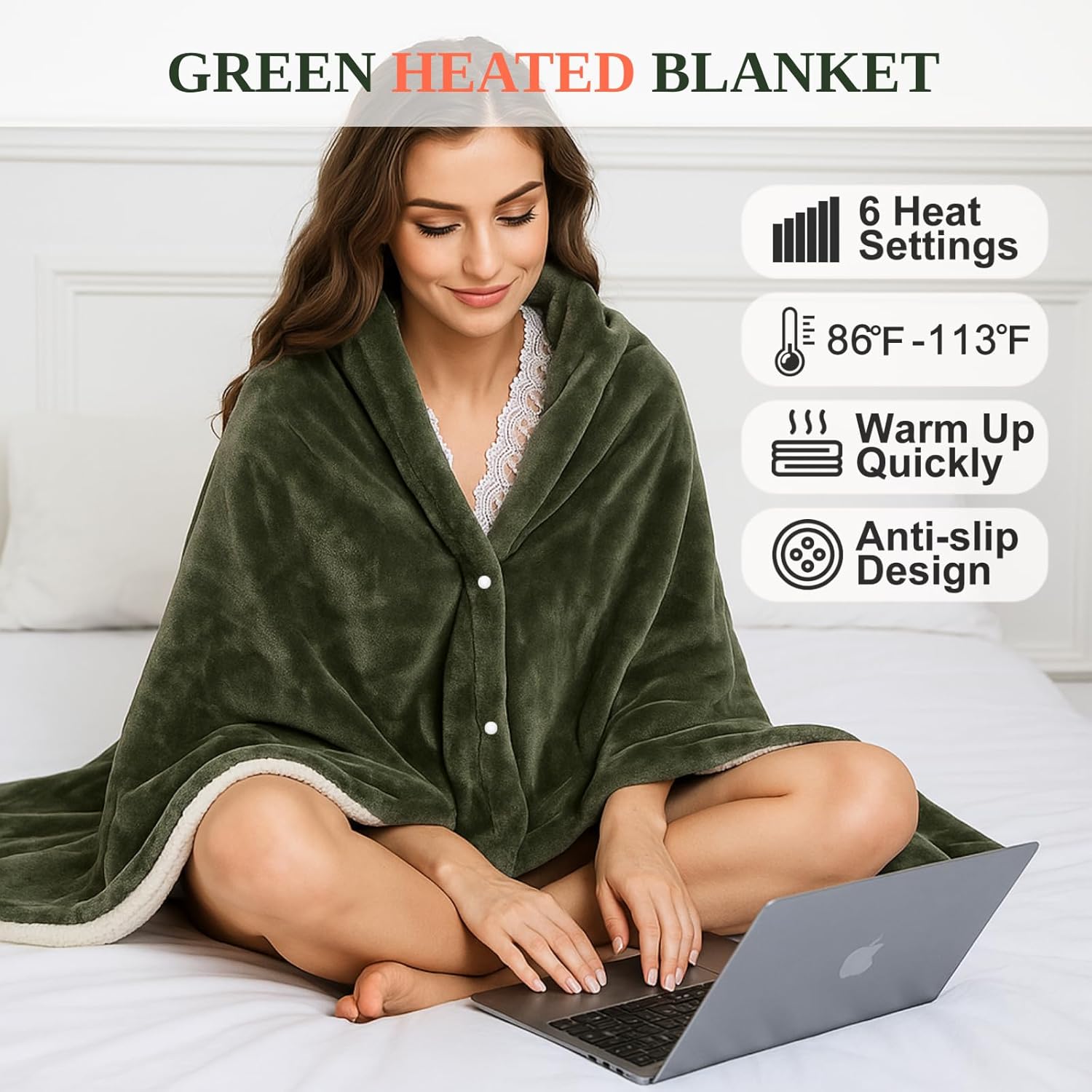 Electric Heated Throw Blanket Sherpa 50"x60" Green Machine Washable 6 Heat Settings 4 Hours Auto Off Overheat Protection for Home Office Use - Image 4