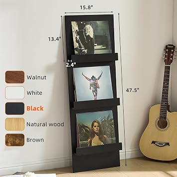LELELINKY Wall Mount Vinyl Record Holder with 3 Tier Display Area, 47.5'' Tall Record Storage Magazine Holder, Book Shelf Holder Holds Up to 15 Vinyls Albums/CD for Music Room, Living Room, Black