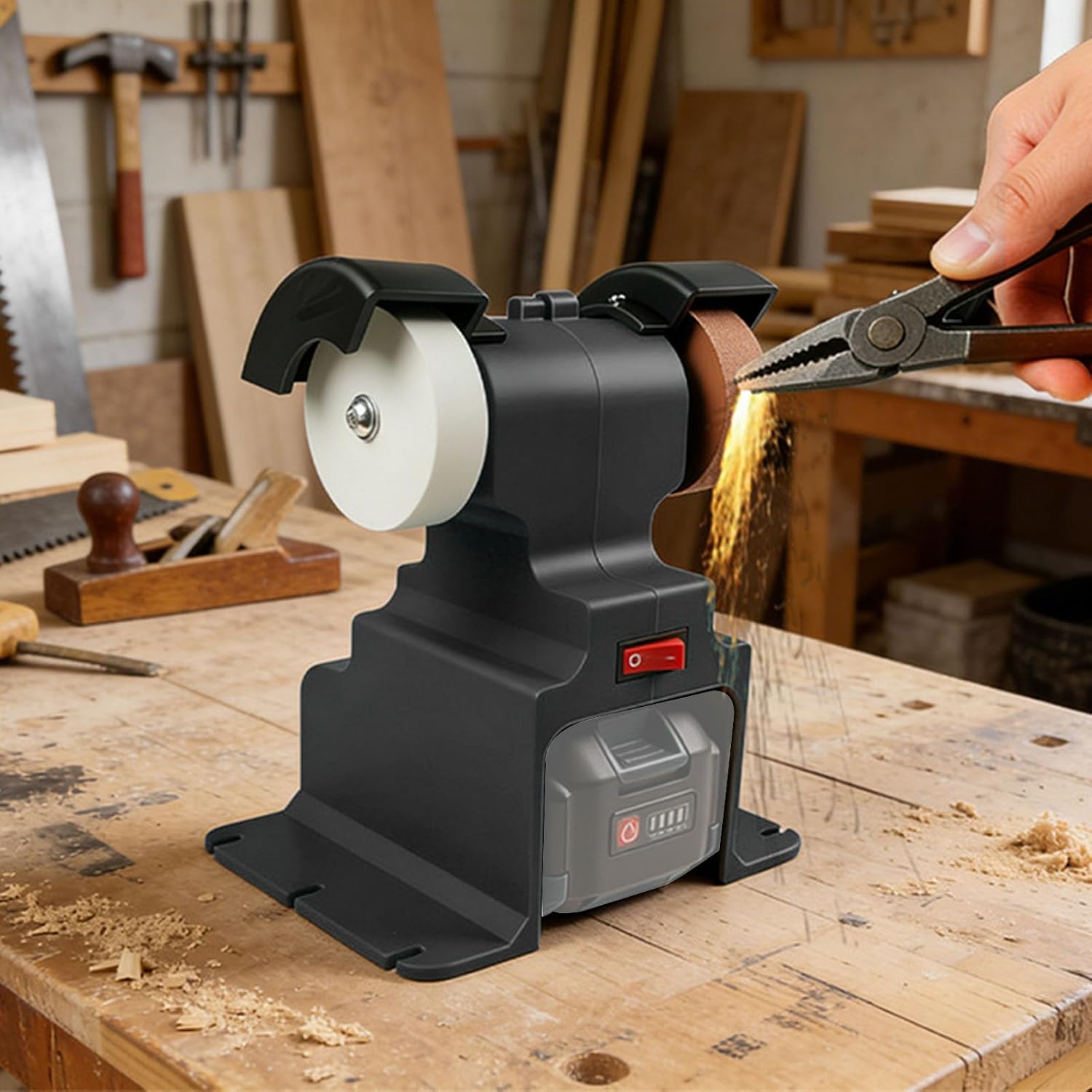 Garosa Mini Bench Grinder Cordless 200W 7000rpm with 2Pcs 4000mAh Li Battery for Grinding Polishing Metal Wood Tools