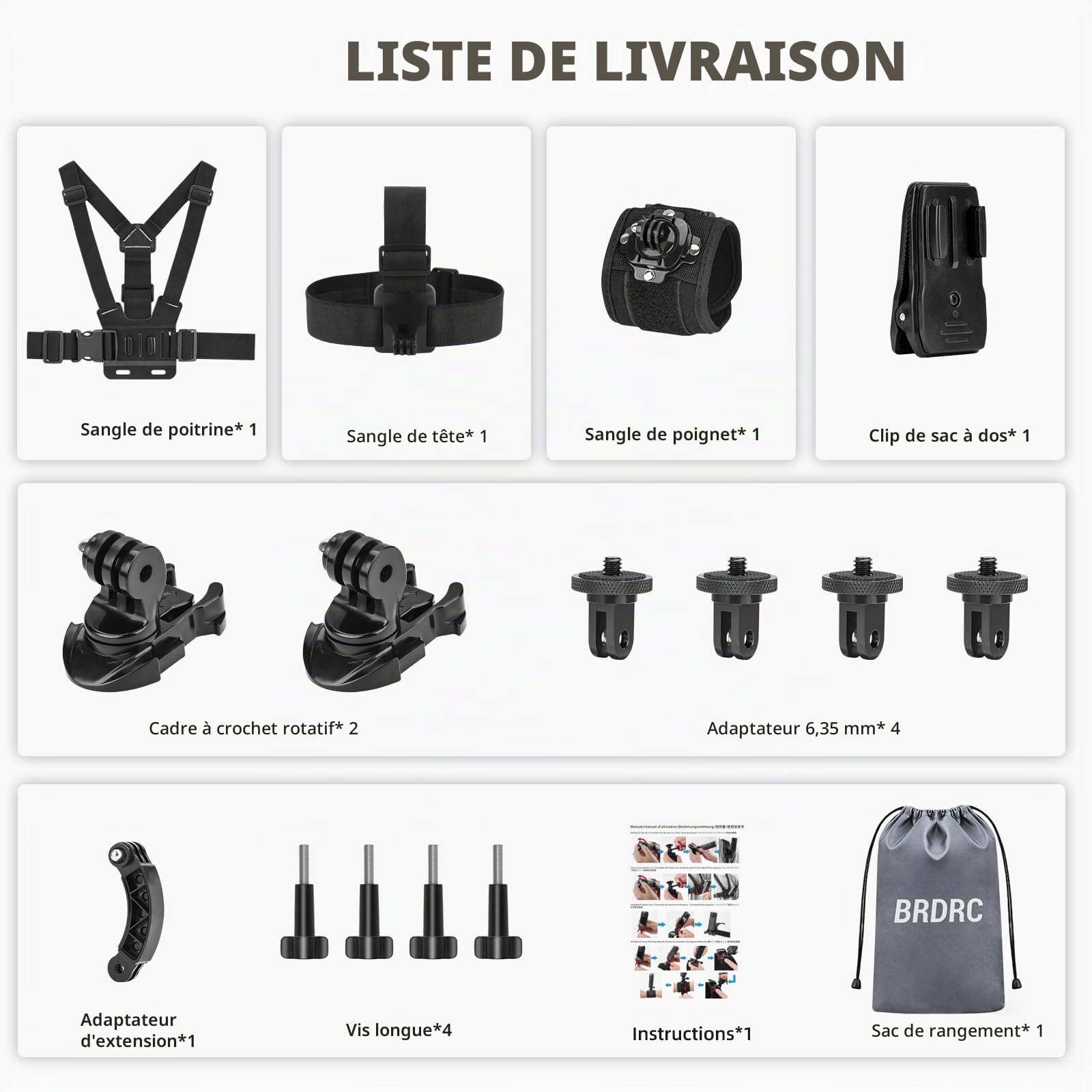 BRDRC Kit d'accessoires pour Insta 360 X5 X4, sangle de poitrine, harnais pour sac à dos, support de poignet, adaptateur rotatif à 360° + libération rapide pour Insta360 One X5 X4 X3 X2 X