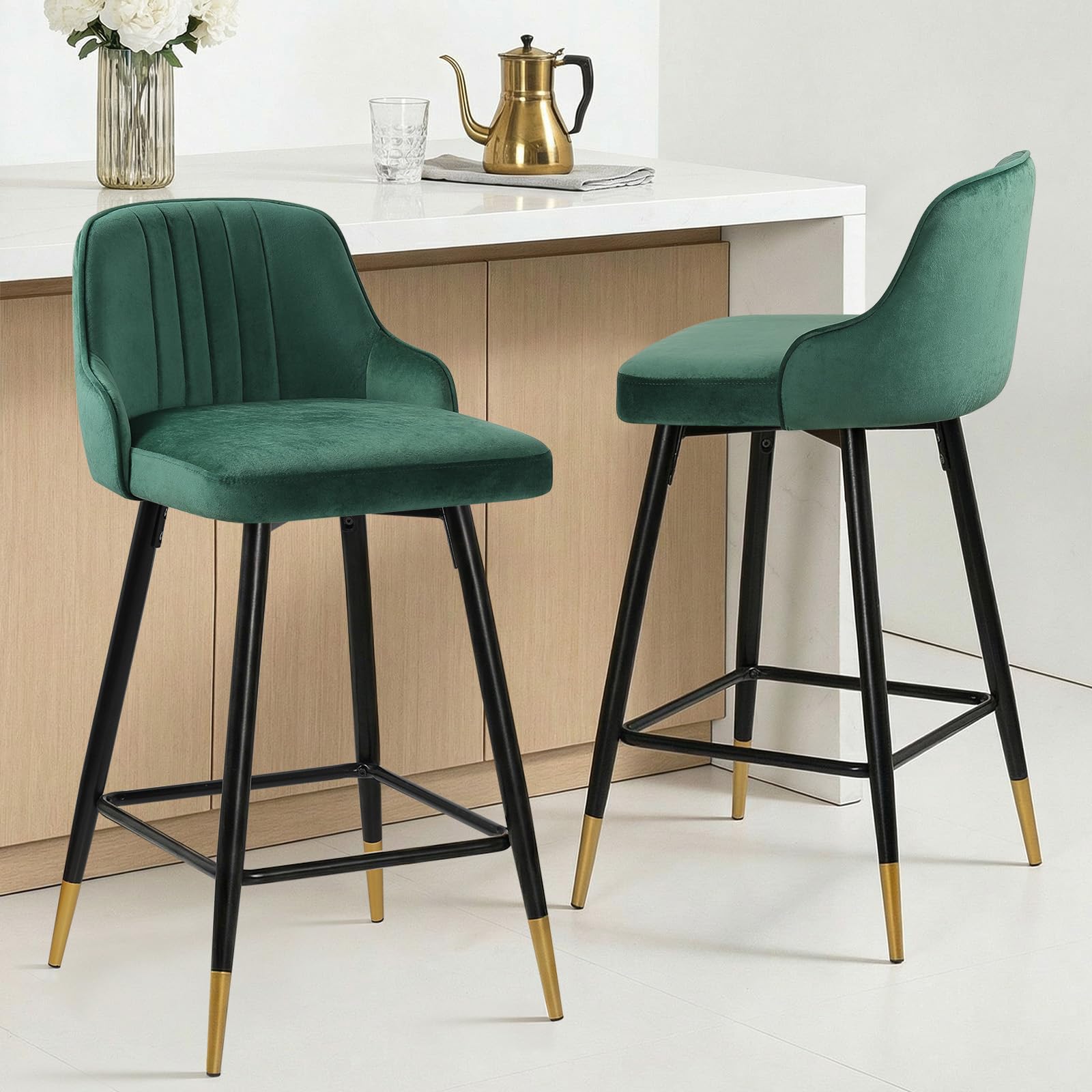 Bekrvio Swivel 74cm Counter Height Bar Stools Set of 2,Velvet Upholstered Kitchen Stools with Back (Green, 74CM 2PCS)