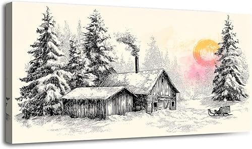 Miniatura 20 de 30"x 60" Canvas Wall Art Vintage Winter Forest Deer Barn Sepia Lithograph Print Framed Pictures Painting Prints Large Wall Art for Living Room