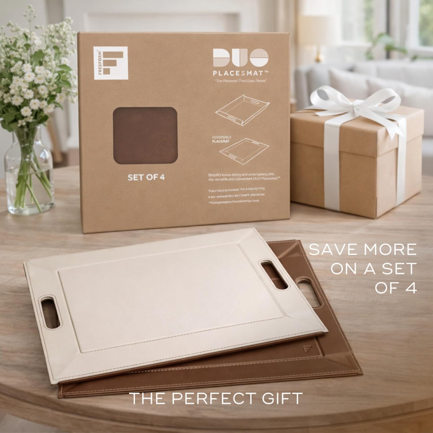 FREEFORM PLACEsMAT 2-in-1 Faux Leather Placemat & Serving Tray | Reversible Design, Lays Flat & Easy to Clean | Ottoman Food Tray, Perfect Housewarming Gift, 18” x 14” (Bronze & Stone, Single)