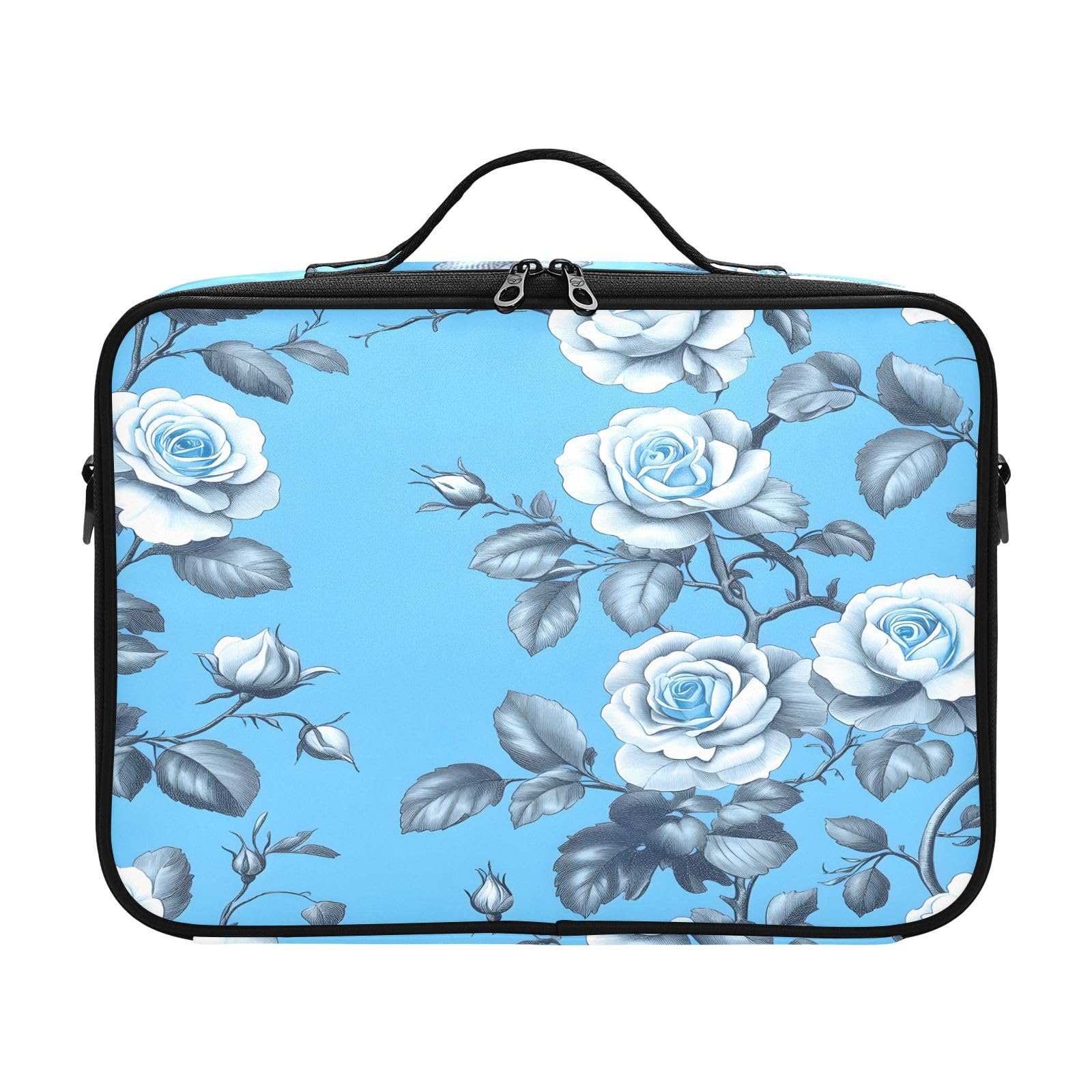 zyrtty Travel Makeup Train Case Blue Flower White Pattern Cosmetic Organizer Portable Storage Bag with Adjustable Dividers for Cosmetics Brushes Toiletry Jewelry Digital Accessories
