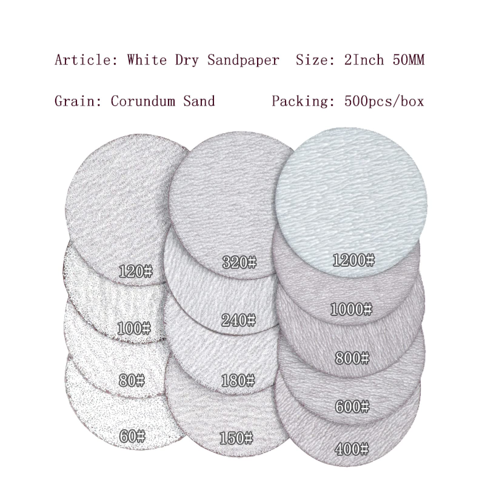 500 Pièces 2 Pouces 50mm Blanc Sec Papier Abrasif Disques Abrasifs Crochet Et Boucle 60-1200 Grain Polissage Meulage Outils Électriques Accessoires,100