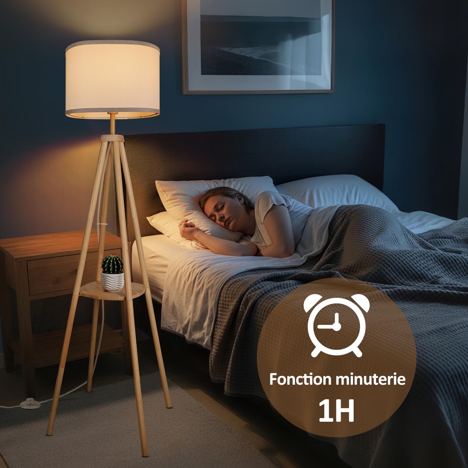 Stehlampe Wohnzimmer mit Regal Stehlampe Dimmbar 2700K-6500K Holzgestell mit Ablagefläche und Fernbedienung Stehleuchte für Wohnzimmer Schlafzimmer Büro Holz