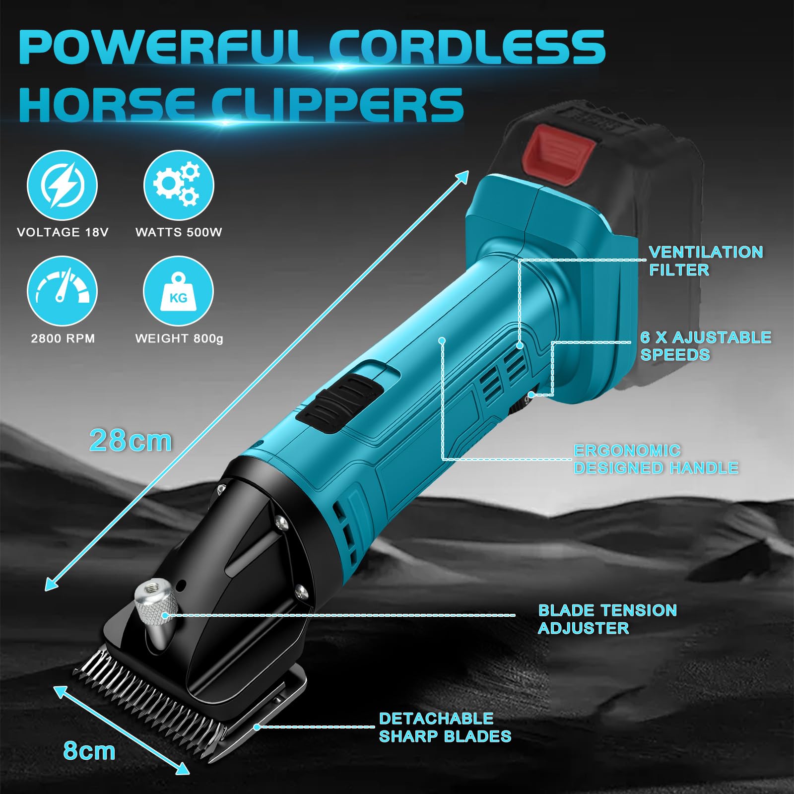 Esquiladora Caballos Compatible con Makita 18V, Profesional Maquina pelar Caballos para Ovejas Ganado Animales con motor potente, 6 Velocidades 2500 RPM/Min (Sin Batería)