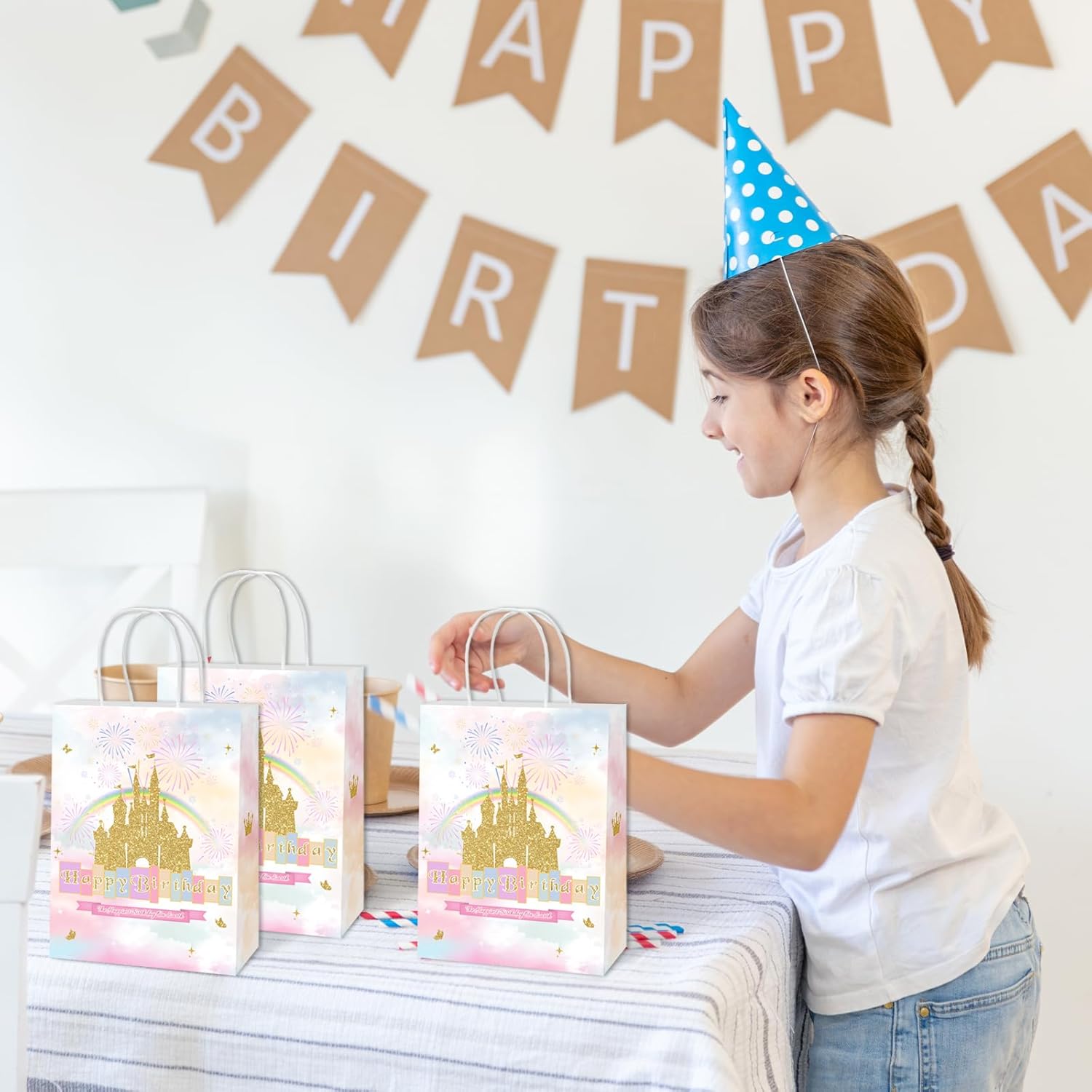 Lecheme Princess Birthday Gift Bags 24 Pcs Rainbow Castle Crown Treat Bags with Handles Candy Goodie Bag Decorations for Girl Princess Birthday Party Supplies - Image 6