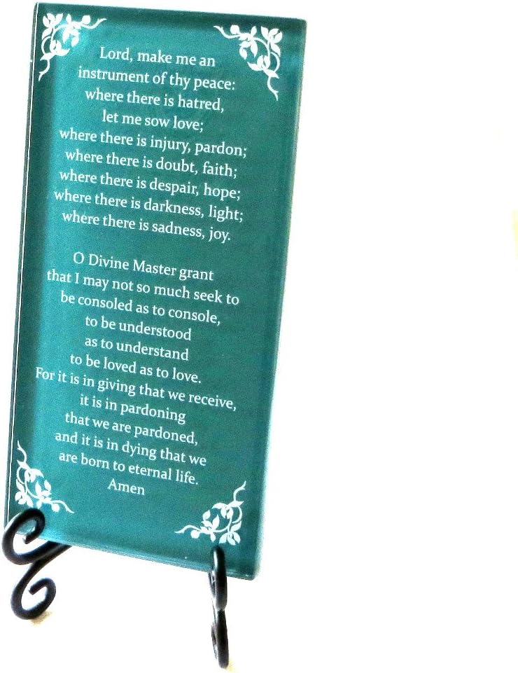 The Prayer of St. Francis Inspirational Glass Plaque. Beloved Prayer Provides Encouragement For All. Includes Folding Easel. By Lifeforce Glass. Dark Teal - Image 3