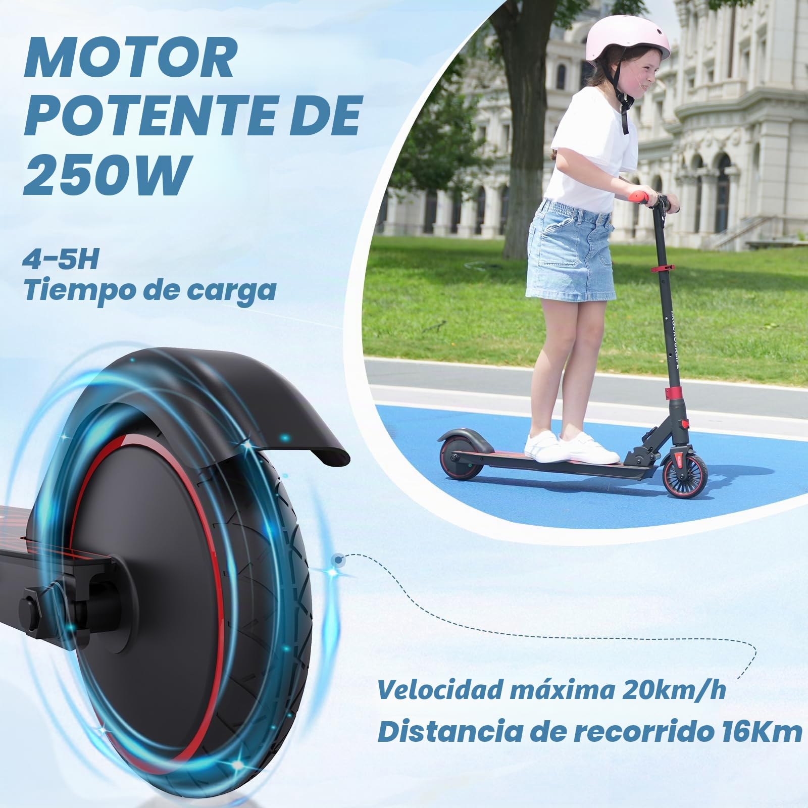 RCB Patinete Eléctrico Niños para 8-12-16 años, Solo 7.55KG Plegable Patinete Eléctrico,250W Motor, Kilometraje Máximo 16KM, Máxima 20 KM/H, Regalos para Niños y Adolescentes
