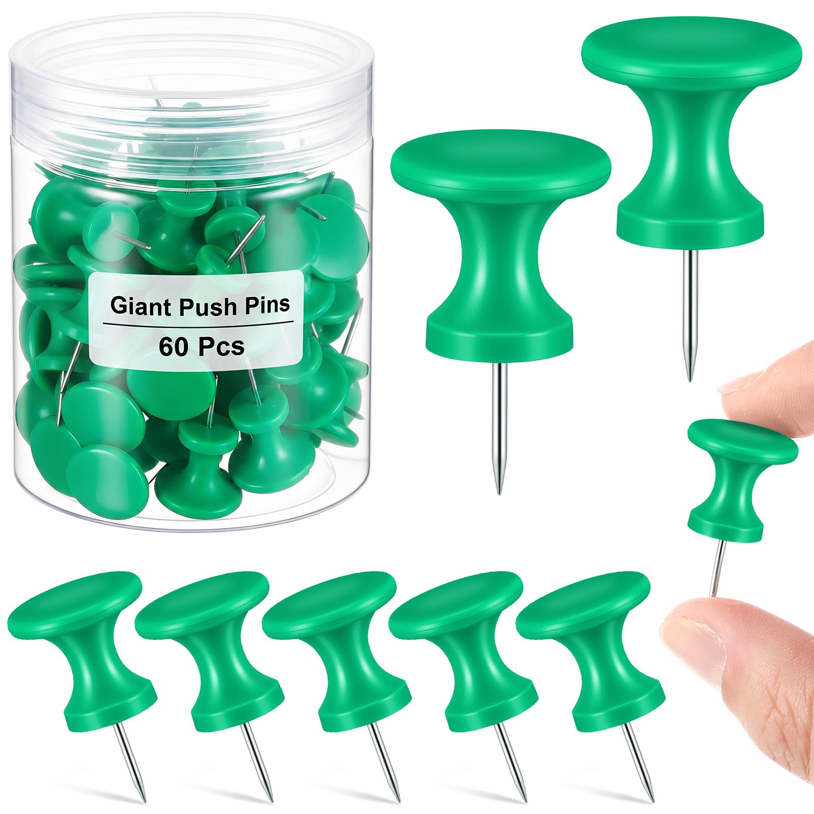 Outus 60 Pcs Giant Push Pins Jumbo Tacks 1 Inch Plastic Head for Cork Board Map Posters Decorations Gifts Under 10 Dollars(Green)