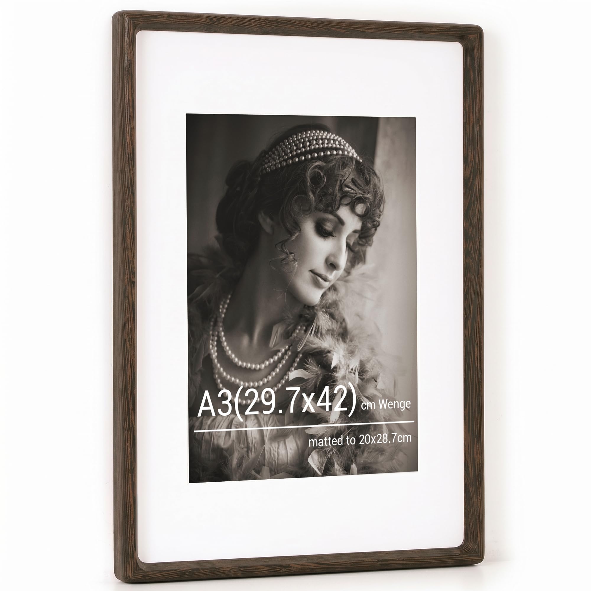 A3 Picture Frame, Natural Wenge Wood Photo Frames with HD Tempered Glass, Handcrafted Rounded Corner A3 Wooden Frame Matted to A4 Photos, Tabletop or Wall Display