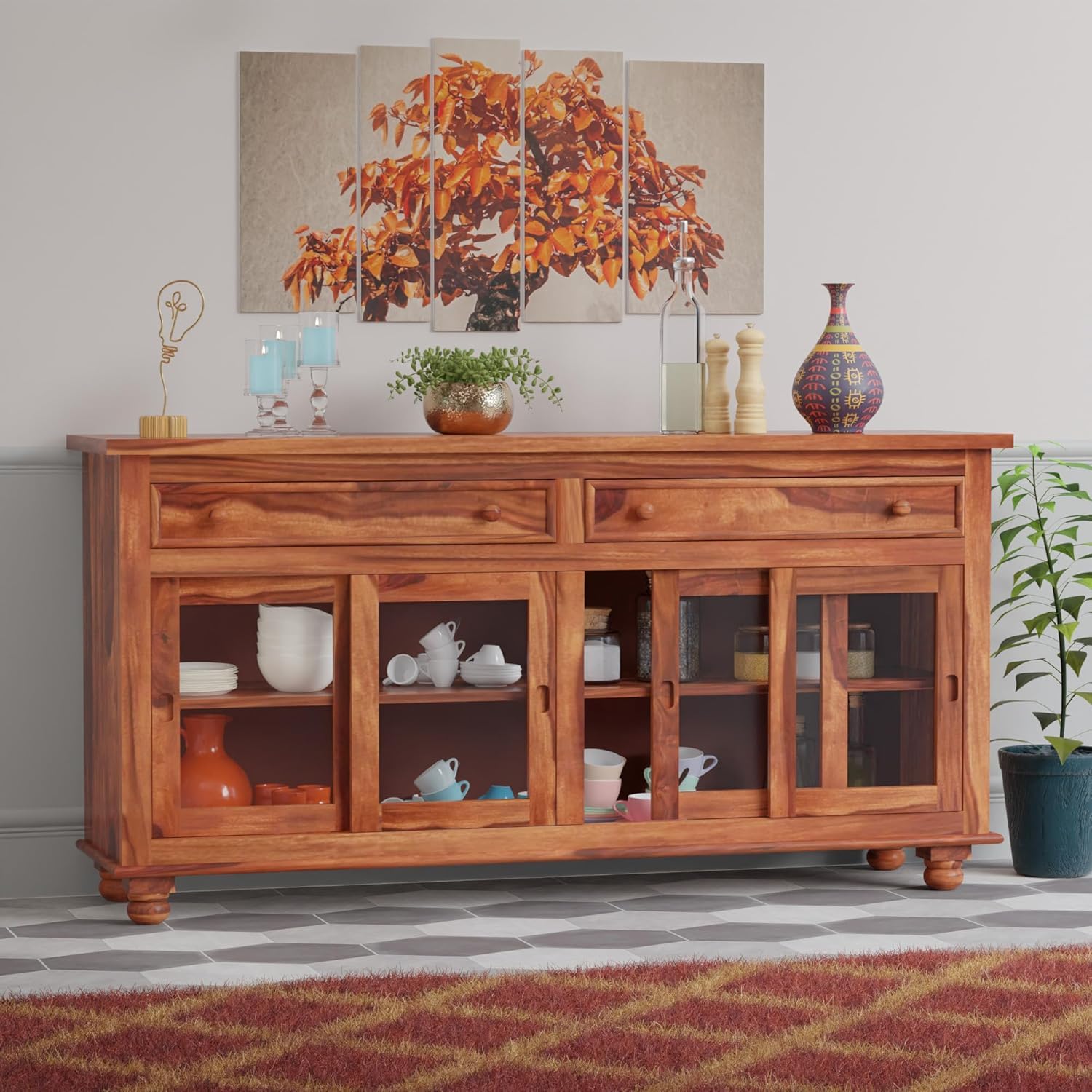 Solid Sheesham Wood Finish Display Sideboard Cabinet with Showcase Acrylic Glass Doors 2 Drawers Storage Buffet Crockery Unit Home Furniture for Kitchen Living & Dining Room (Natural)-image-30