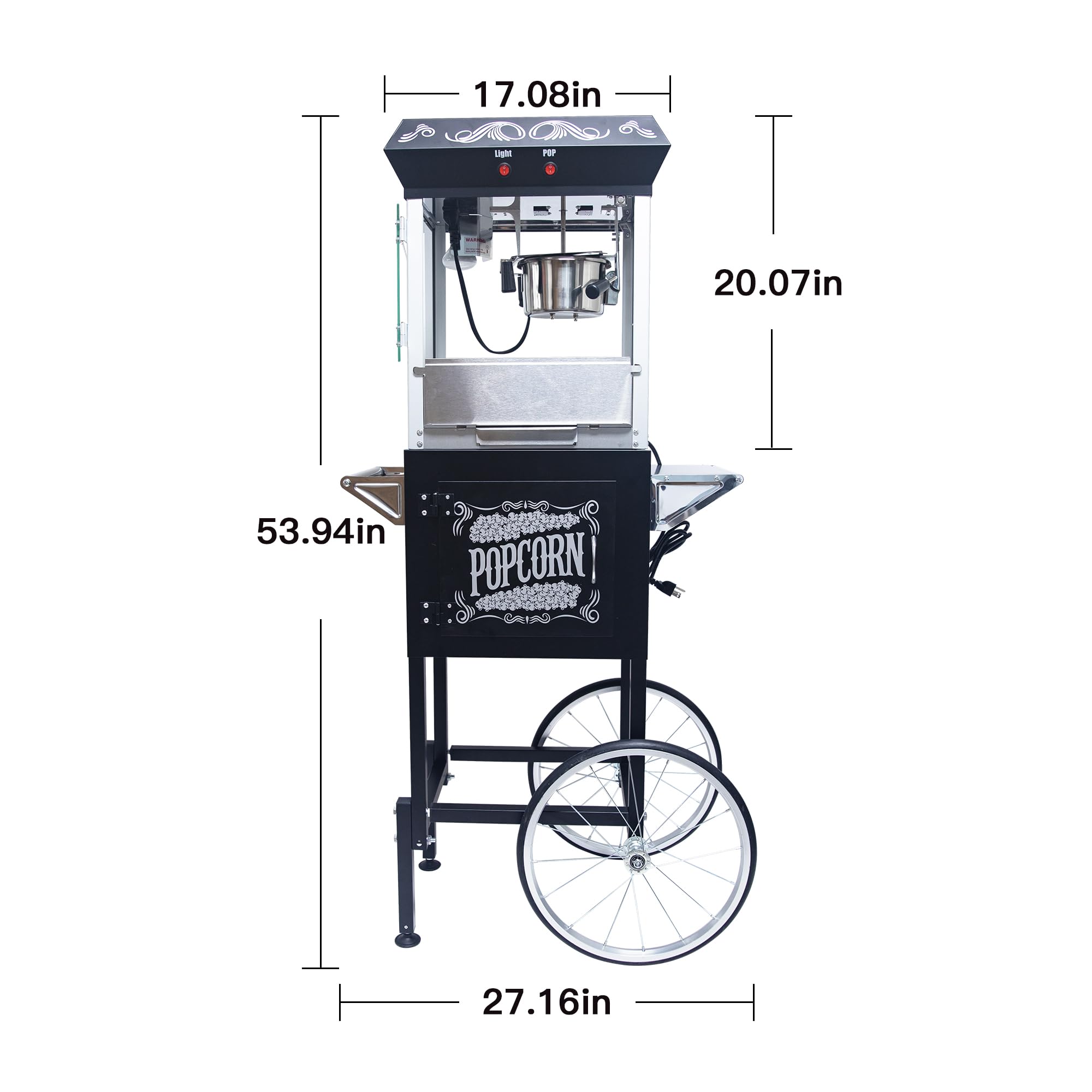 Commercial Vintage Style Popcorn Machine with Cart, 8oz Stainless Steel Kettle Popper with Heated Deck and Kernel Drawer, Tempered Glass Panels, Bicycle-Style Wheels for Parties & Events (Black)