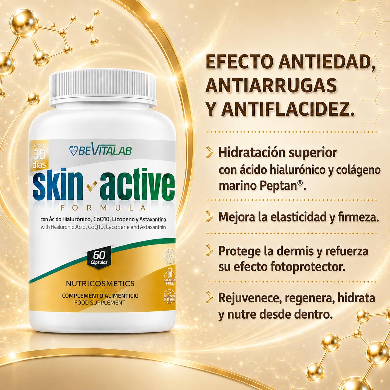 SKIN ACTIVE Suplemento para Piel Joven y Radiante, Antiedad con Colágeno Marino, Ácido Hialurónico, CoQ10, Biotina, Zinc y Vitamina C – Nutricosmetico – Hidratada y Reafirmara – 60 Cápsulas