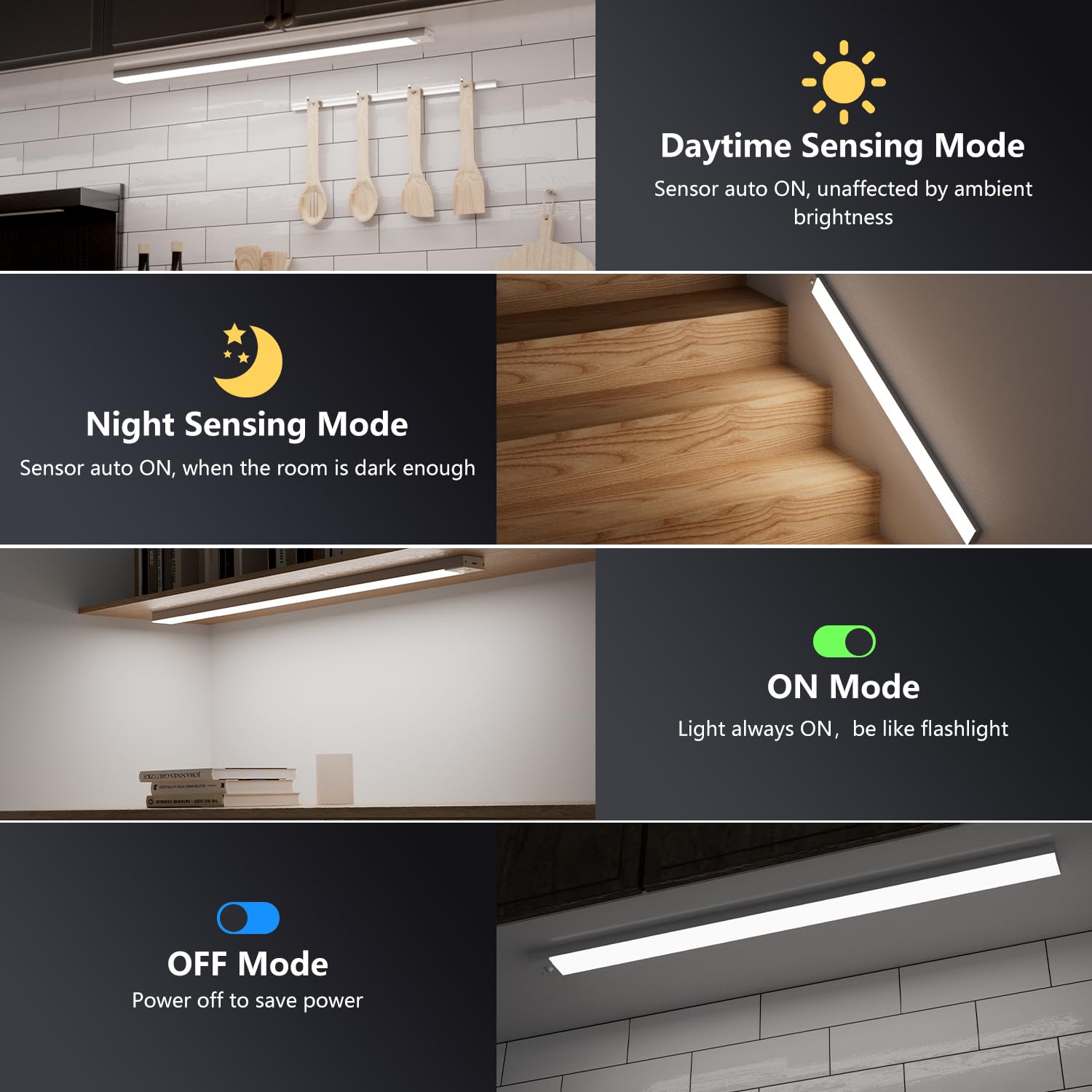 OUILA Luce Led Sottopensile Cucina 60cm, 2PCS 5000mAh 4 Modalità con Sensore Movimento,5000K Luce Armadio Led con Sensore per Armadio Scale Corridoio Garage Letto