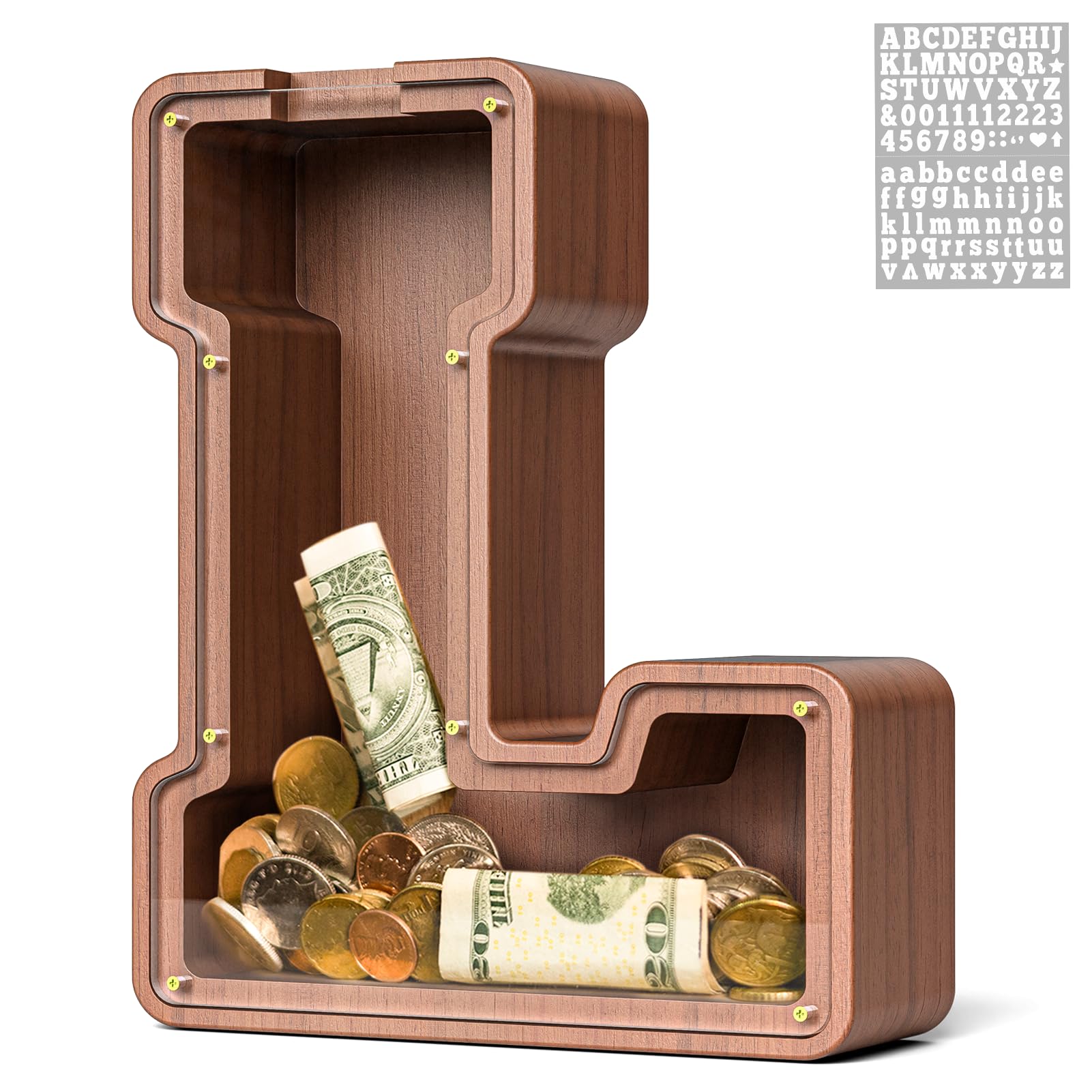 Summidate Wooden Letter Piggy Bank, Extra Thick Large Capacity Piggy Bank for Kids Boys Girls Toddler, Alphabet L Money Bank| Coin Box Birthday,