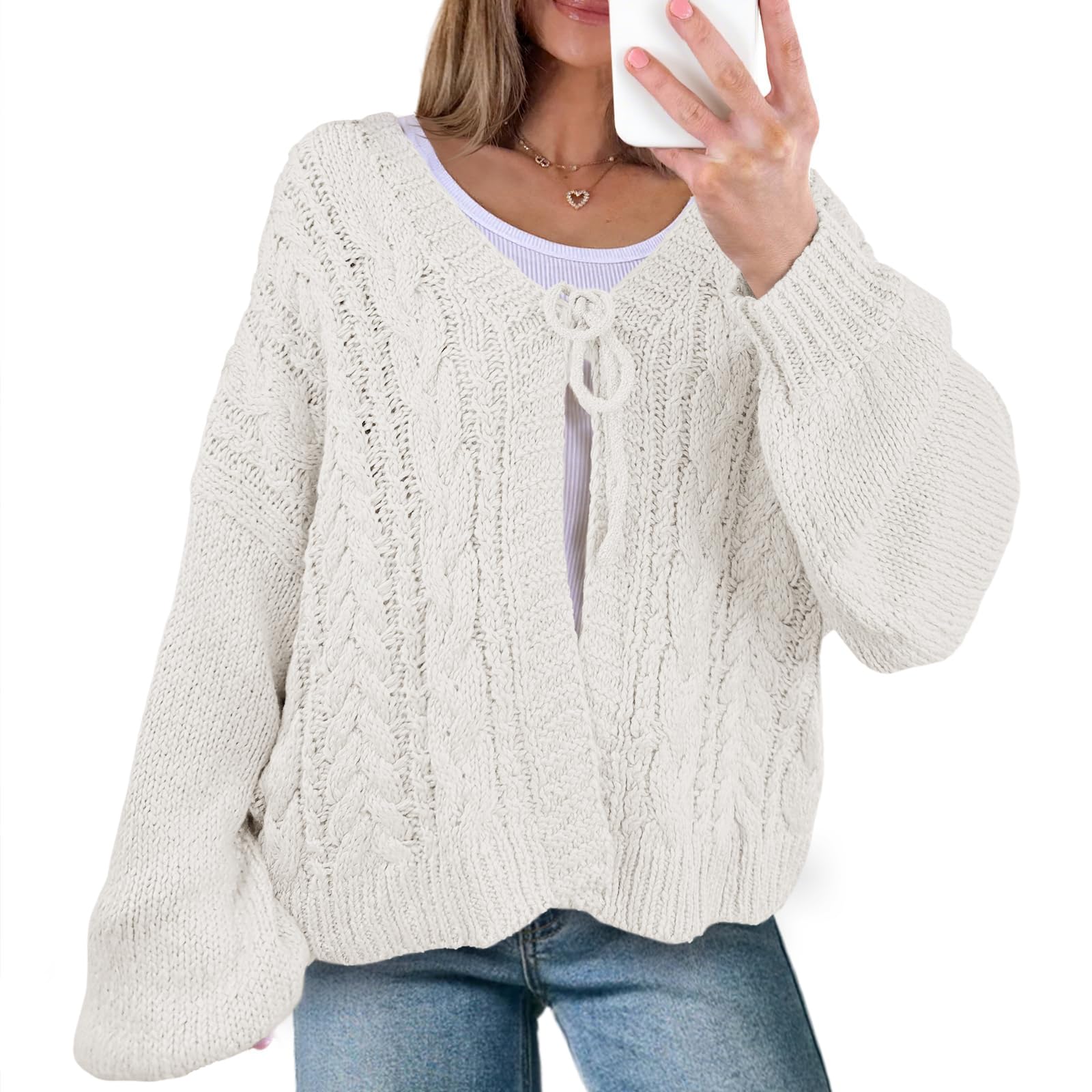 Saodimallsu Womens Tie Front Cardigan Sweaters Cable Knit V Neck Lantern Long Sleeve Casual Loose Sweater Coats