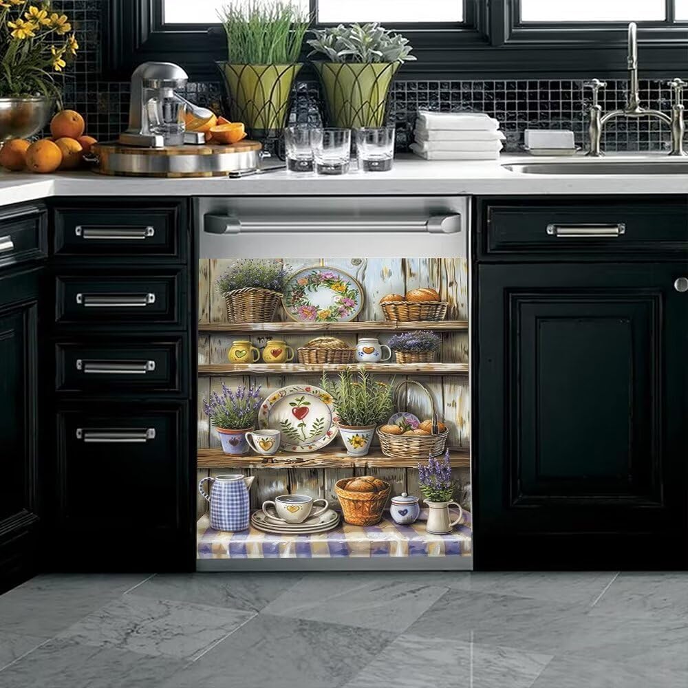 Vase Flowers and Bread Magnetic Dishwasher Cover-Cupboard Tableware Kitchen Decor Sticker, Dishwasher Door Magnet Decorative Cover,Refrigerator Magnet Decal 23x26inch