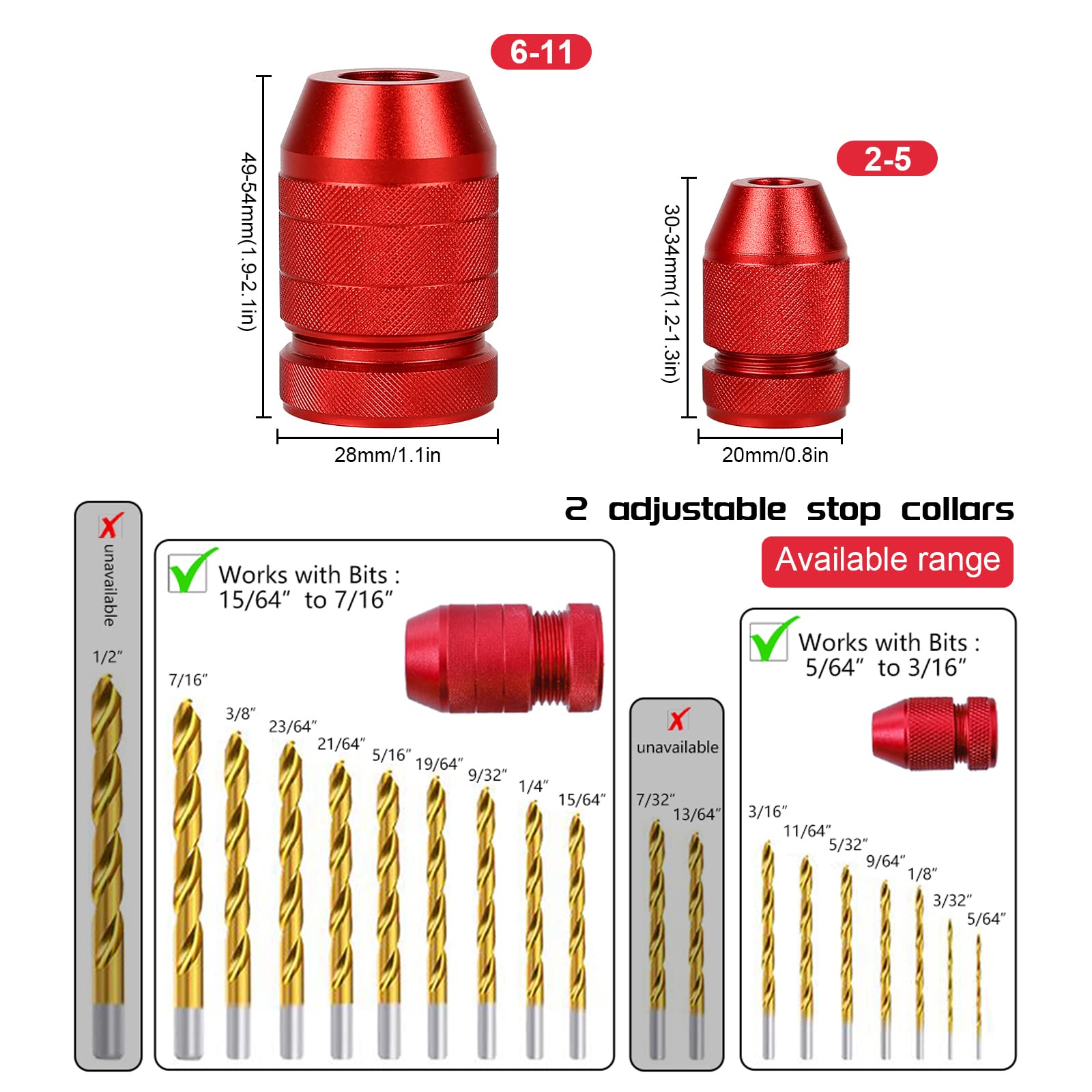 Butée de Perçage Profondeur pour foret Ø 6-11 mm et Ø 2-5 mm, Colliers de butée de profondeur réglables, positionnement de limiteur de profondeur, foret profond pour foret à bois et foret hélicoïdal