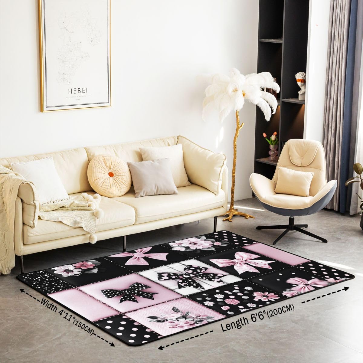 Tappeto a pois per soggiorno, 100 x 150 cm, grazioso motivo a margherite, per camera da letto, per bambini e ragazzi, rosa e nero, motivo patchwork, decorazione per la casa