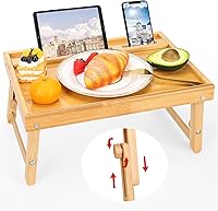 Vista 1 de Moretoes Bandeja de cama para comer, bandeja de desayuno de bambú con patas plegables ajustables y soportes para teléfono para sofá, laptop
