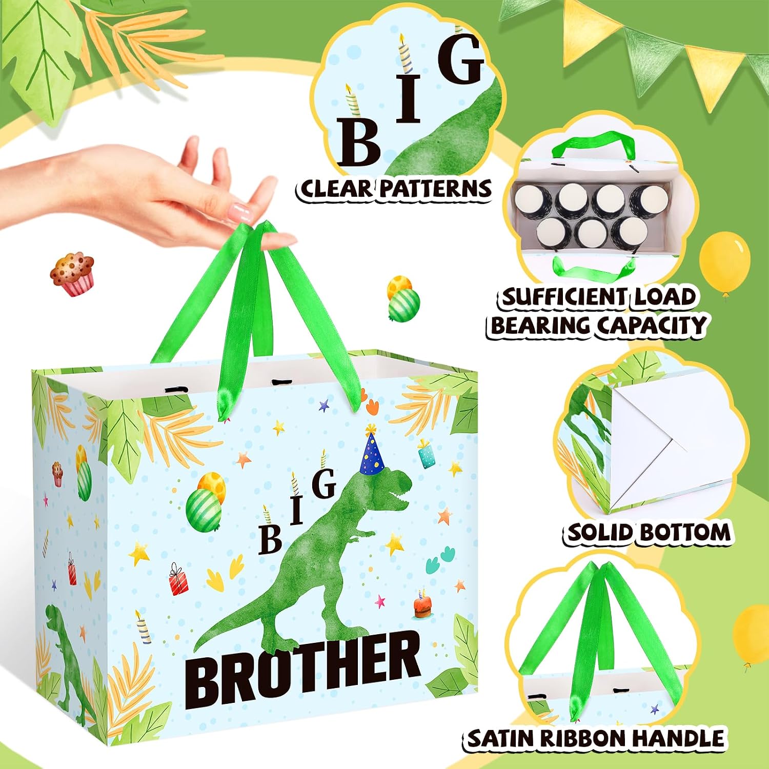 TagreSpike Green Dinosaur Big Brother Gift Bag with Green Tissue Paper and Card Large Big Bro Gift Bag for Boys Cute T-Rex Wrapping Paper New Brother Party Decor for Little Boy Birthday 11.8in