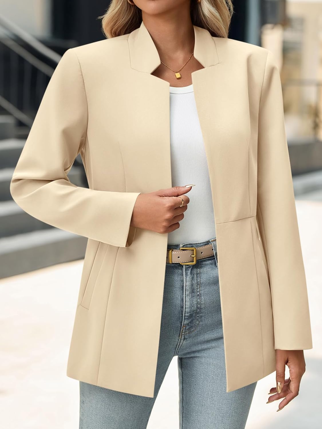 Cicy Bell Womens Business Casual Blazer Long Sleeve Open Front Notch Stand Collar Blazer Work Office Jacket Suit Beige - Image 2