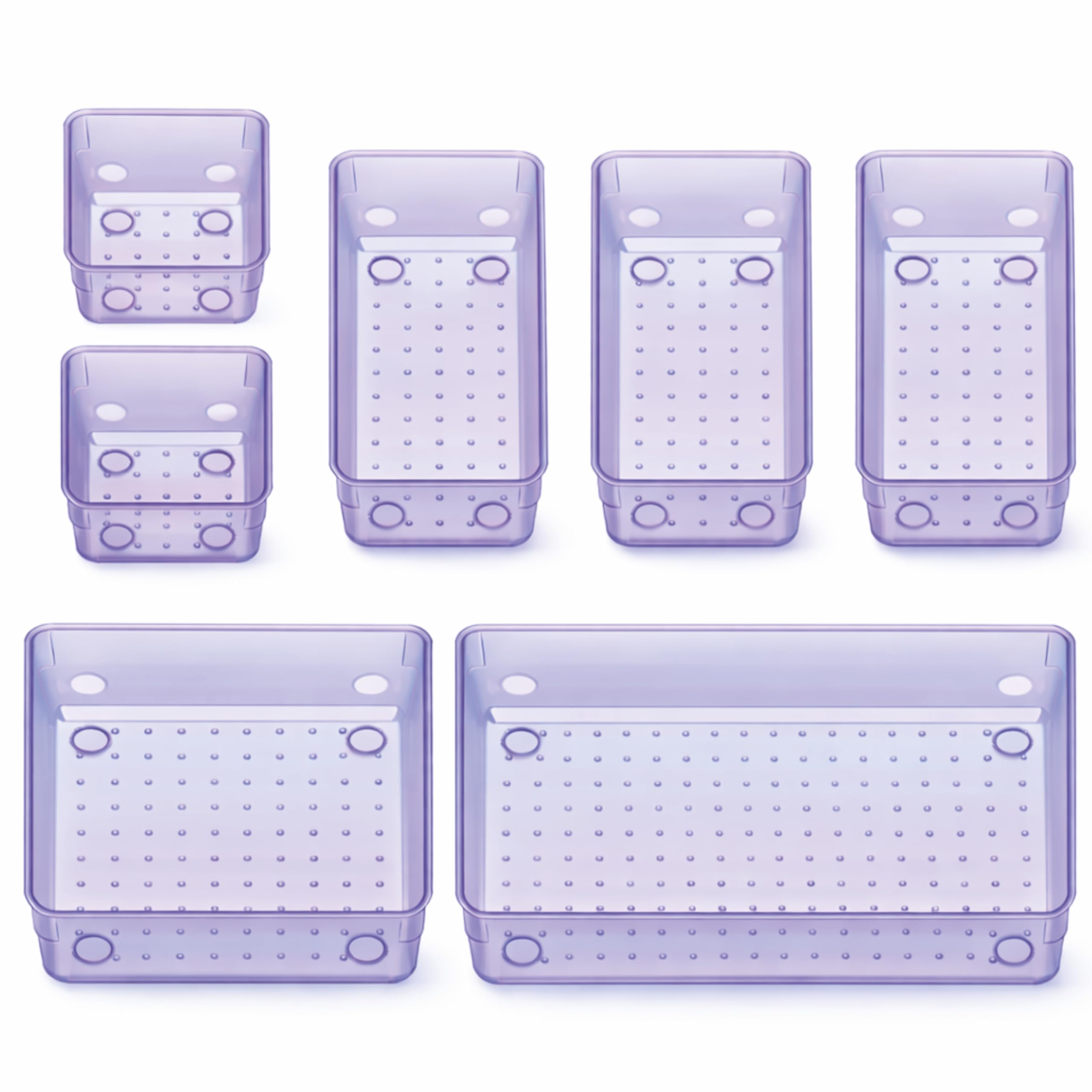 JIALTO 7-Piece Acrylic Drawer Organizer Tray Set – Multipurpose Clear Plastic Storage Bins for Makeup, Kitchen, Office, Bathroom & Dressing Table Drawer Divider Organizer (Purple)