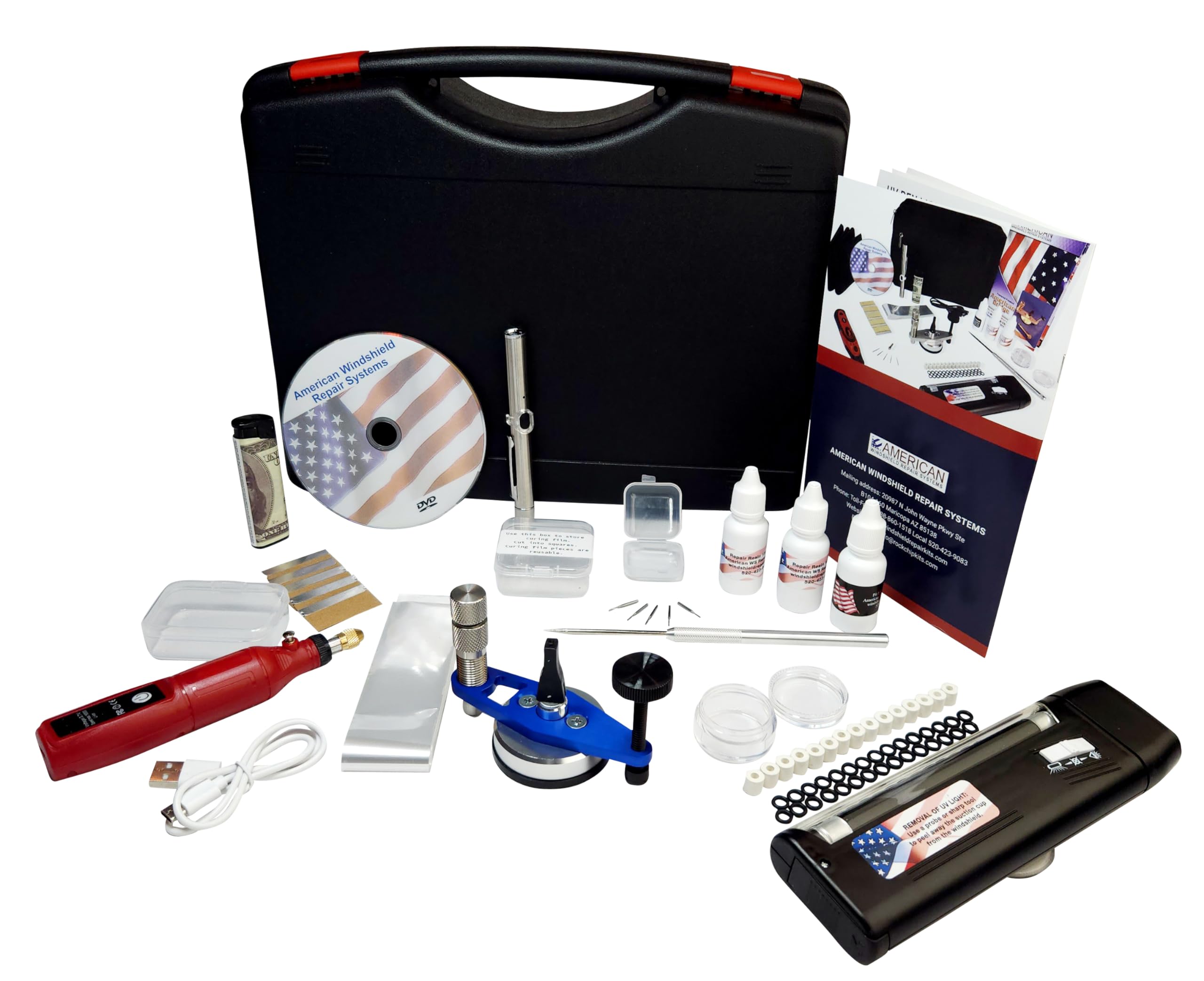 American Windshield Repair Systems Windshield Repair Kit - Windshield Repair Resin - Pit Filler Resin - UV Pen Light - Variable High Speed Rotary Tool