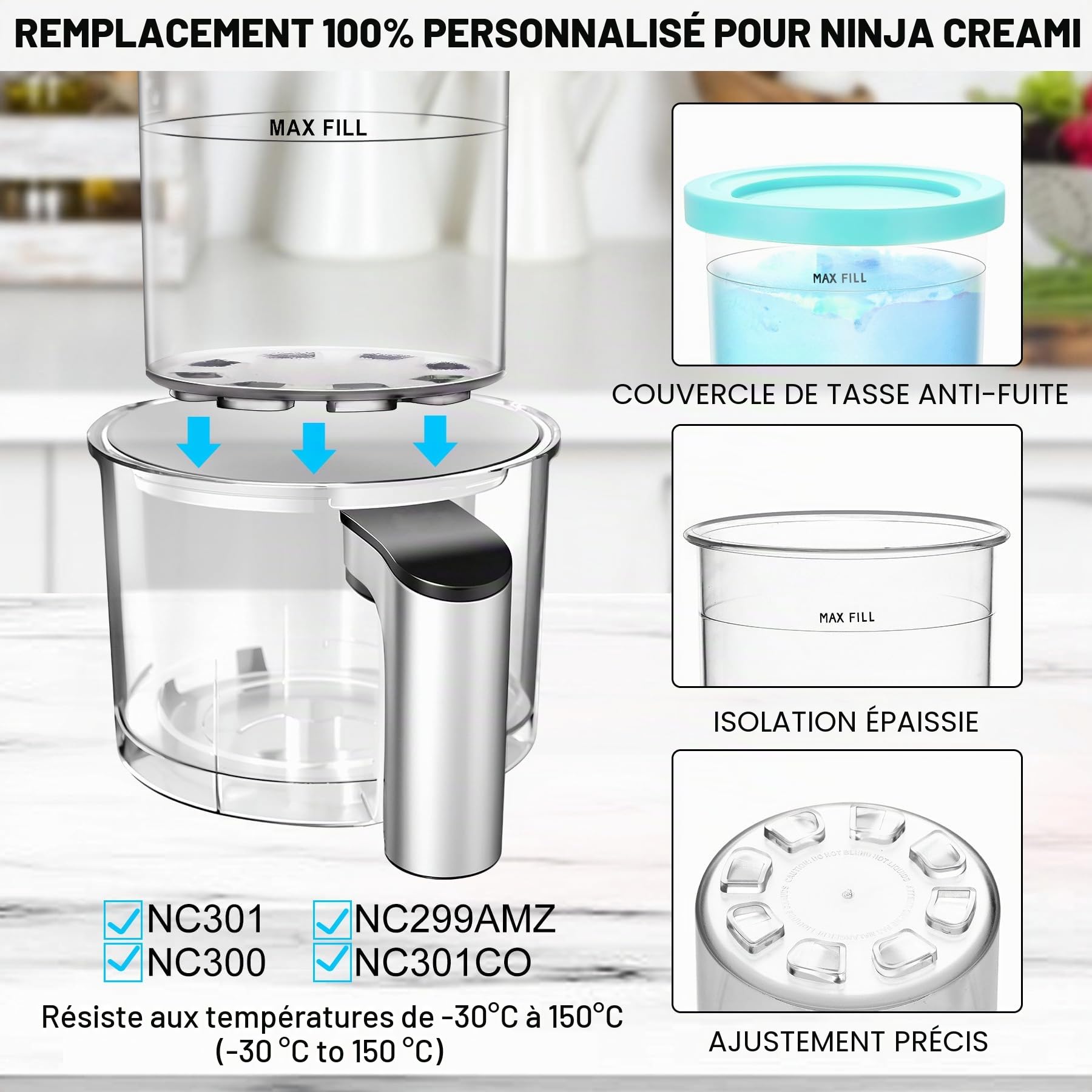 4 Pièces Bacs à Crème Glacée Ninja Creami,Accessoires Pour Machines à Glace Pour la Série NC301 NC300 NC299AMZ, Sans BPA, Accessoires pour Ninja Ice Creami Maker Et Lavables Au Lave-Vaisselle